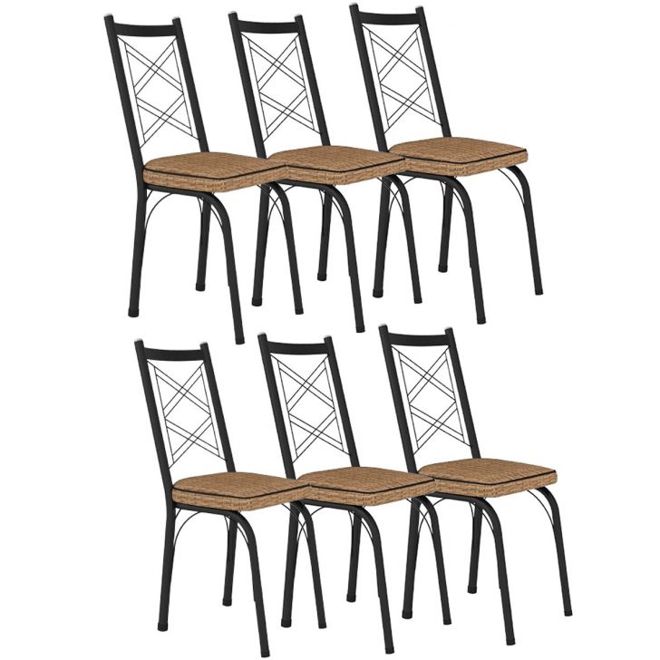 Kit 6 Cadeiras Aço Carbono Tubular Metálica Acabamento Fosco D-28 Julia Preto/Rattan
