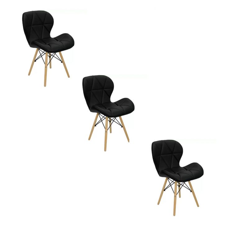 Kit 3 Cadeiras Estofada Eiffel Slim Wood Pés de Madeira Preto
