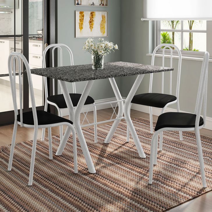 Conjunto de Mesa Miame 110 cm com 4 Cadeiras Madri Branco e Preto Liso