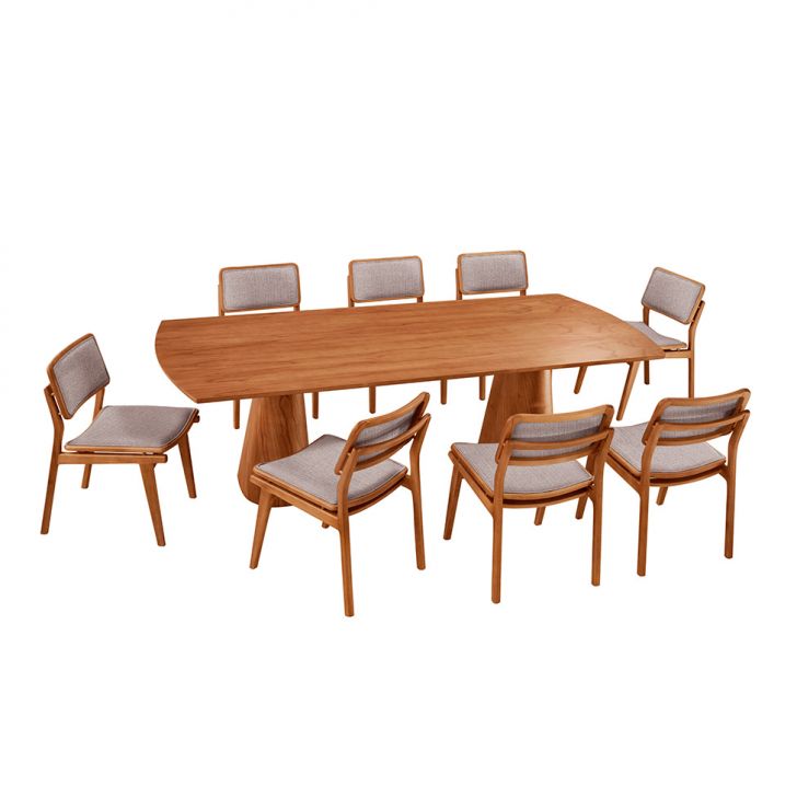 Mesa De Jantar Retangular Itália Com Tampo Laminado E 8 Cadeiras Lea Linho Bege E Imbuia Natural