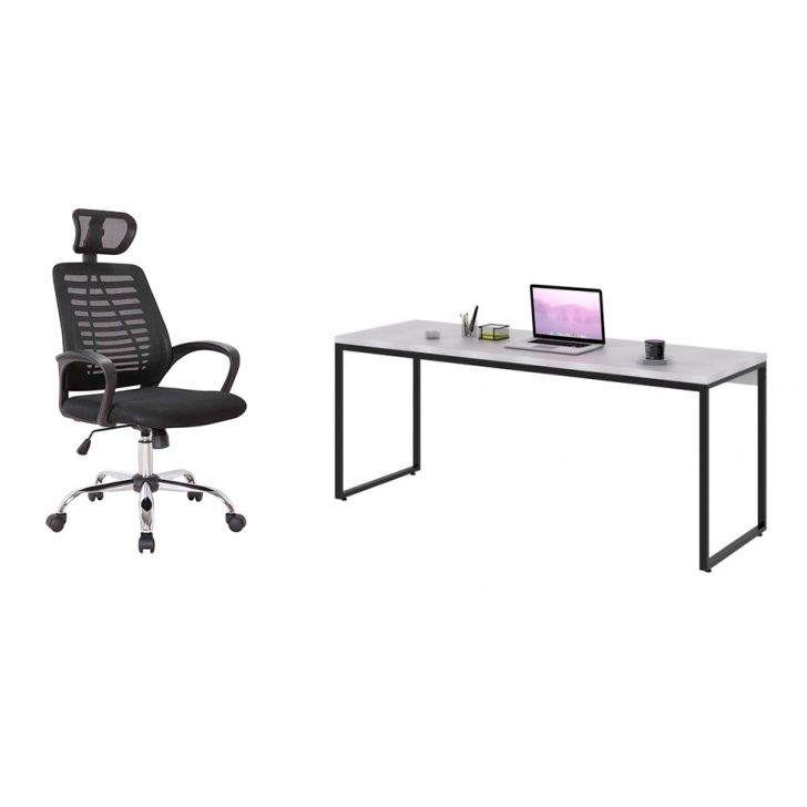 Conjunto de Mesa Studio Branca 180 cm com Cadeira de Escritório Diretor Giratória Light Preta