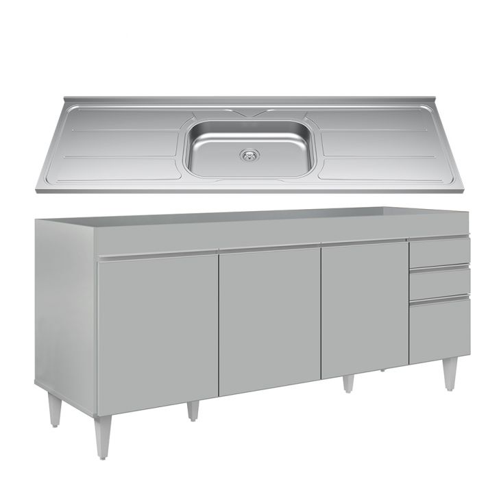 Balcão de Cozinha Com Pia Inox 180cm 4 Portas Dallas Cinza Claro - Lumil