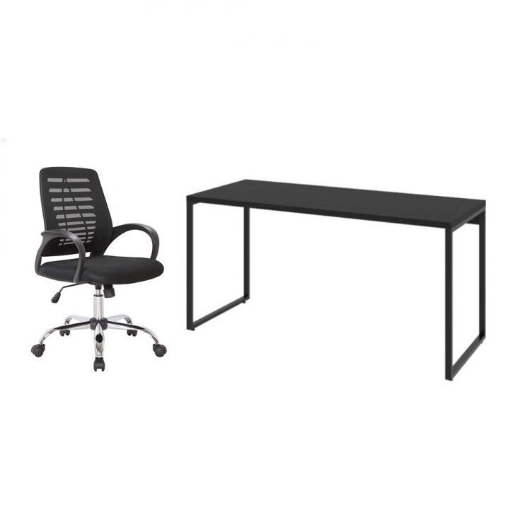 Conjunto de Mesa Kuadra I 150 cm com Cadeira de Escritório Secretária Giratória Light Preta