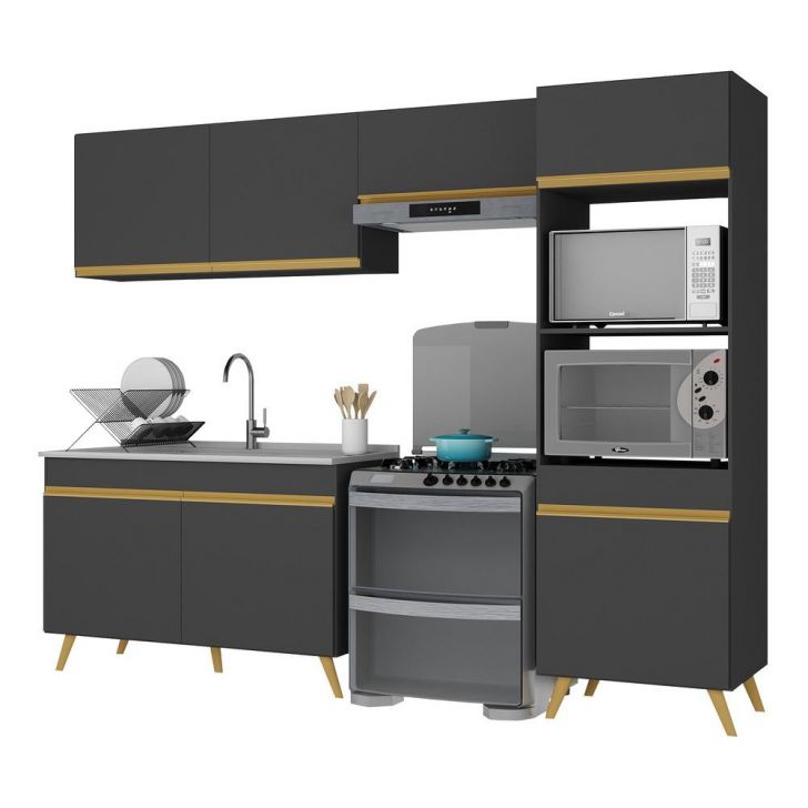 Armário de Cozinha Compacta 252cm Veneza Multimóveis V3749 Preto/Dourado