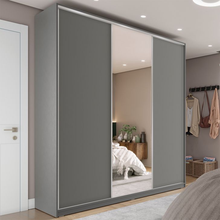 Image of Guarda-roupa Casal Com 1 Espelho Zemartt 100% Mdf 3 Portas 3 Gavetas Cinza PLA-MO895CL54UVDMOB