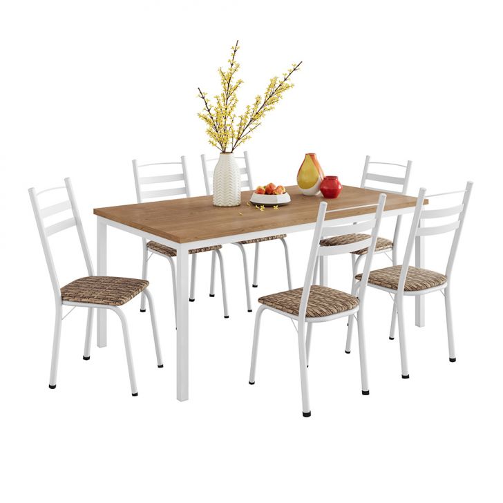 Conjunto De Mesa Retangular Com Tampo De Mdp Amadeirado E 6 Cadeiras Adriana Iii Revestimento Sintético Bege E Branco