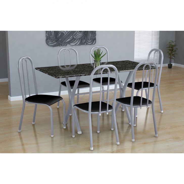 Conjunto De Mesa Miame Com 6 Cadeiras Madri Branco Prata E Preto Liso