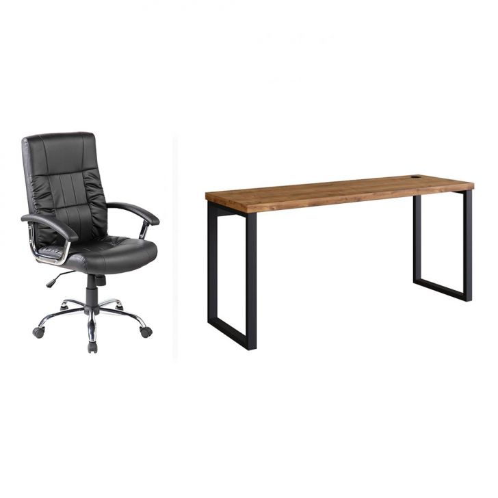 Conjunto de Mesa Miguel Marrom com Cadeira de Escritório Presidente Giratória com Relax Office Plus Preta