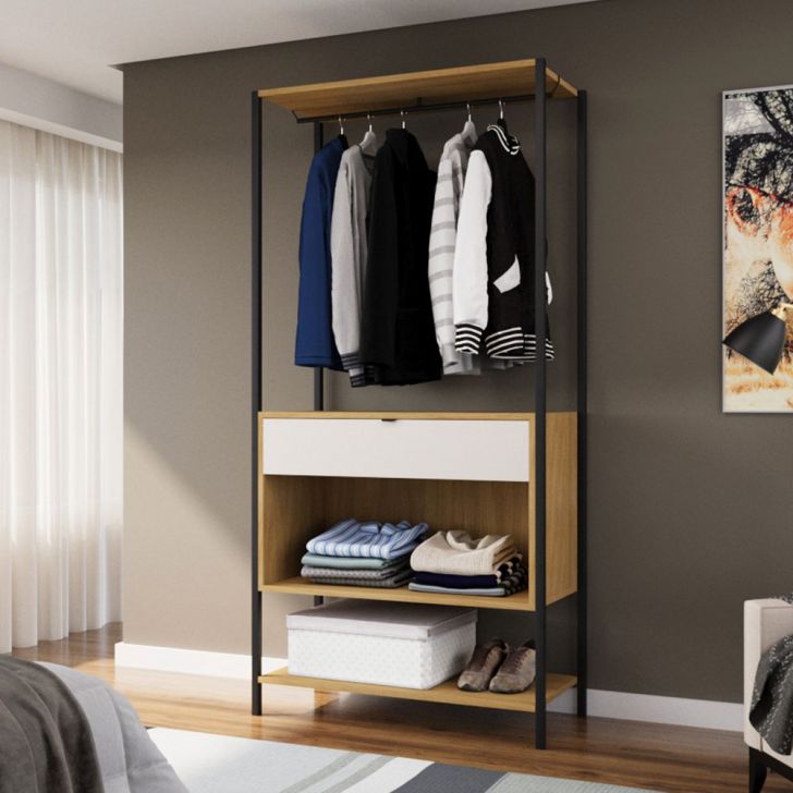 Guarda-roupa Closet Modulado Maverick 1 Gaveta Carvalho E Off White 93 Cm
