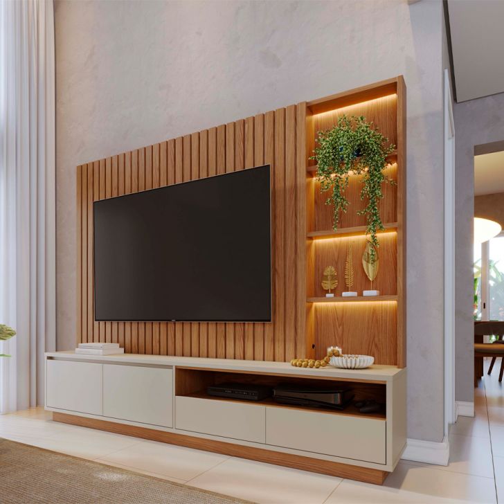 Estante para Home Theater e TV até 82 Polegadas Cancun com LED 4 Gavetas Freijó e Off White