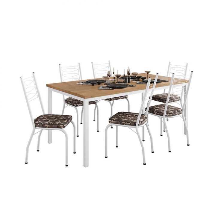 Conjunto De Mesa Retangular Com Tampo De Mdp Amadeirado E 6 Cadeiras Adriana I Revestimento Sintético Palha E Branco