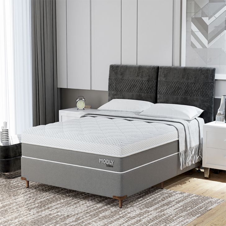 Cama Box Casal Com Colchão Sublime Mola Ensacada E Espuma Viscoelástica (32x138x188) Cinza E Branco
