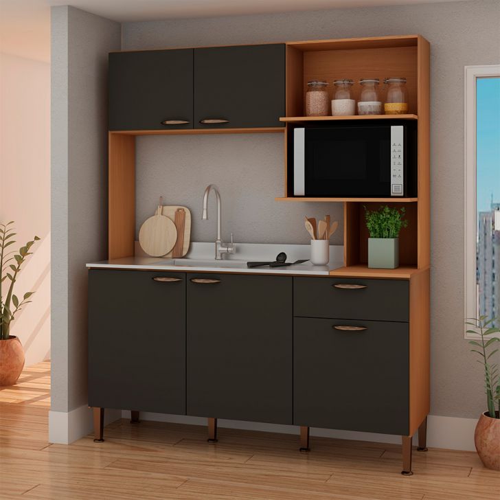 Cozinha Compacta Bella 4 Portas 1 Gaveta Freijó e Grafite