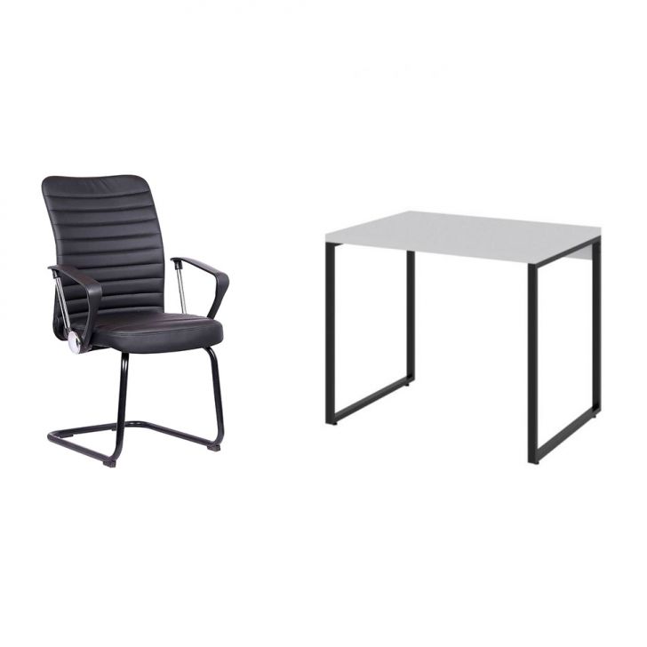 Conjunto de Mesa Kuadra Branca com Cadeira de Escritório Interlocutor Fixa Oslo Preta