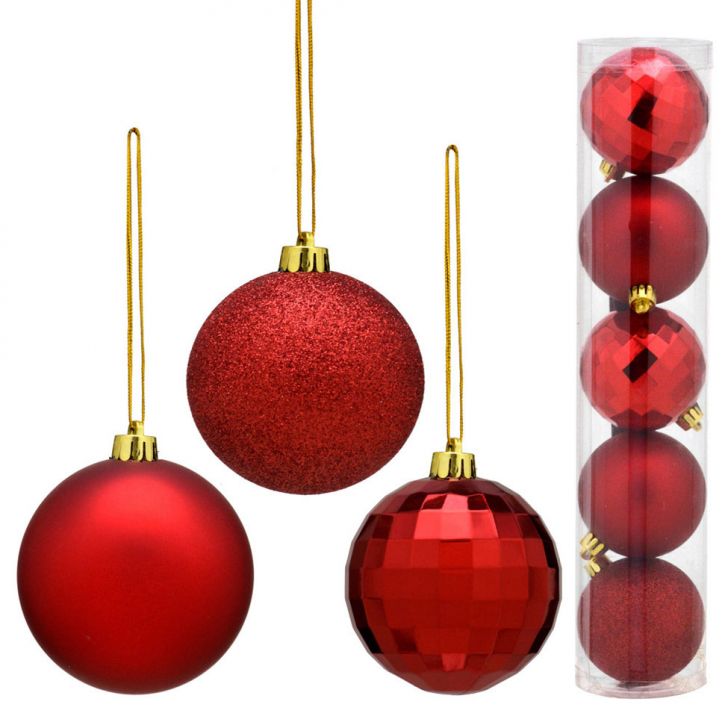Kit com 5 Bolas Decorativas para Árvore de Natal Espressione Christmas Vermelho e Dourado