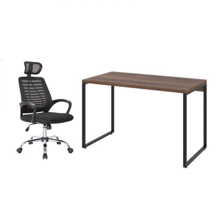 Conjunto de Mesa Kuadra Nogal 120 cm com Cadeira de Escritório Diretor Giratória Light Preta