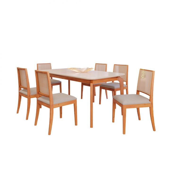 Conjunto De Mesa Retangular Com Tampo De Vidro Off White Ficus E 6 Cadeiras Buriti Linho Cinza E Madeira 180 Cm
