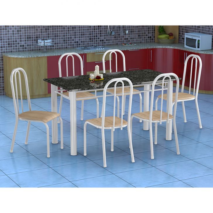 Conjunto De Mesa Granada Com 6 Cadeiras Madri Branco E Nature Bege Gr