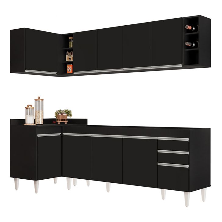 Armário de Cozinha Modulado de Canto Direito 5 Peças CP43 Balcão sem Tampo Preto - Lumil