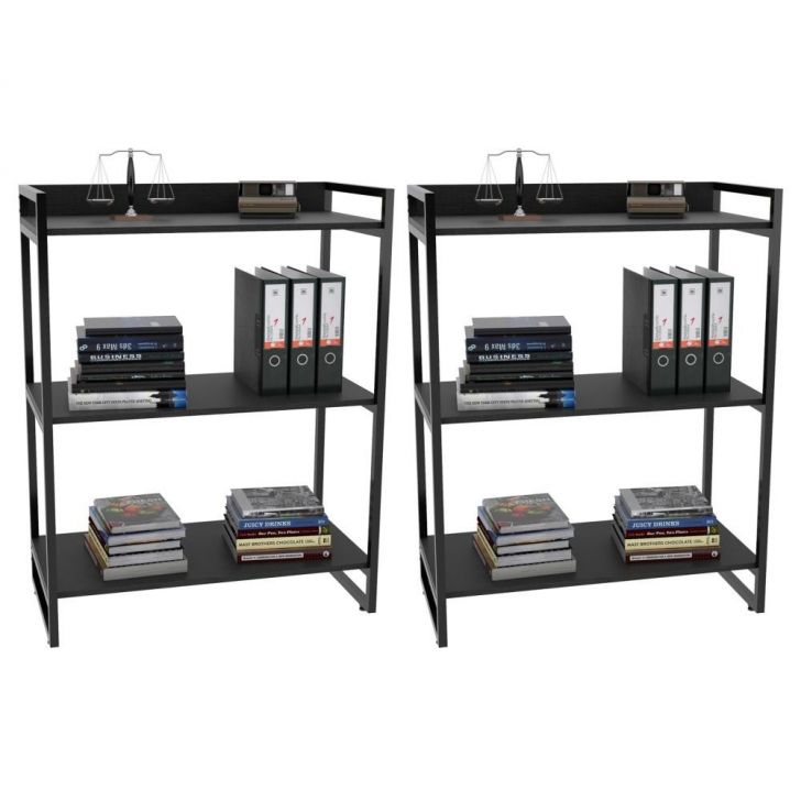 Kit 2 Estantes Livreiro Multiuso Prisma Estilo Industrial 80cm 3 Prateleiras C08 Preto Onix - Mpozenato