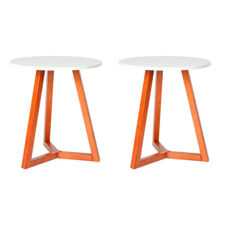 Conjunto com 2 Mesas Laterais Redondas Taek Branco e Mel