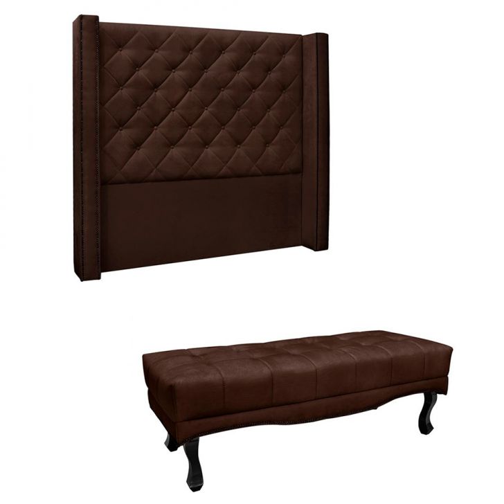 Conjunto de Cabeceira Solteiro com Recamier Vicenza Suede Café