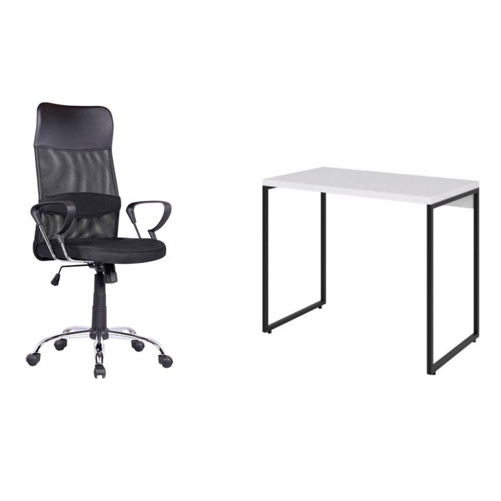 Conjunto de Mesa Studio Branca e Preta com Cadeira de Escritório Diretor Giratória Vancouver Preta