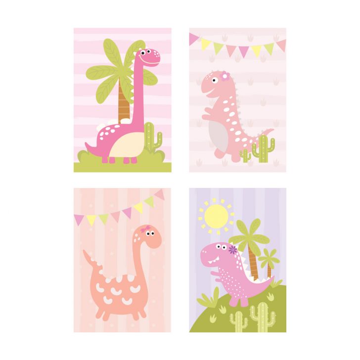 Placa Decorativa Dinossauro Baby Menina Kit 4un 20x30cm