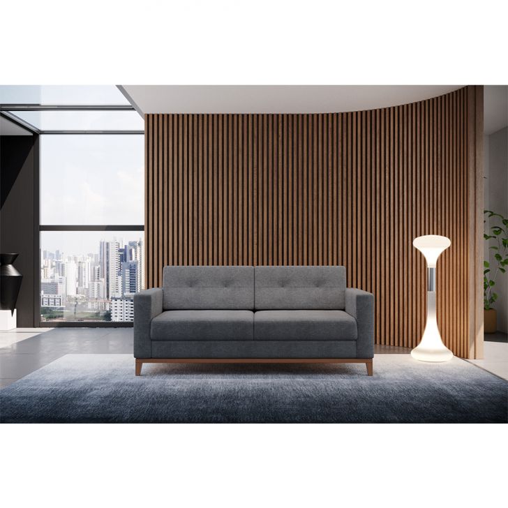 Sofá 2 Lugares Living Pés E Base Em Madeira Linho Cotton Cinza