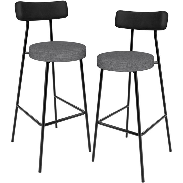 Kit 02 Banquetas Alta Cozinha Sala Jantar Milão L02 Couríssimo Preto Linho Cinza Escuro - Lyam Decor