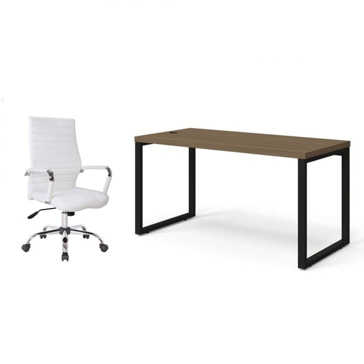 Conjunto de Mesa Munique Carvalho 150 cm com Cadeira de Escritório Diretor Giratória Cleaner Branca