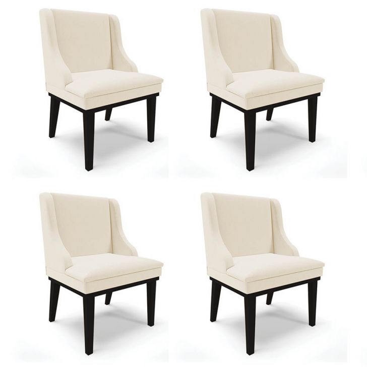 Kit 4 Cadeiras Estofadas para Sala de Jantar Base Fixa de Madeira Preto Lia Linho Bege - Ibiza