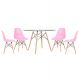 Mesa redonda Eames com tampo de vidro 120 cm + 4 cadeiras Eiffel DSW Rosa claro
