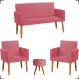 Kit Namoradeira + 2 Poltronas Decorativas Para Sala Nina + Puff Redondo Suede Rosê Pé Castanho