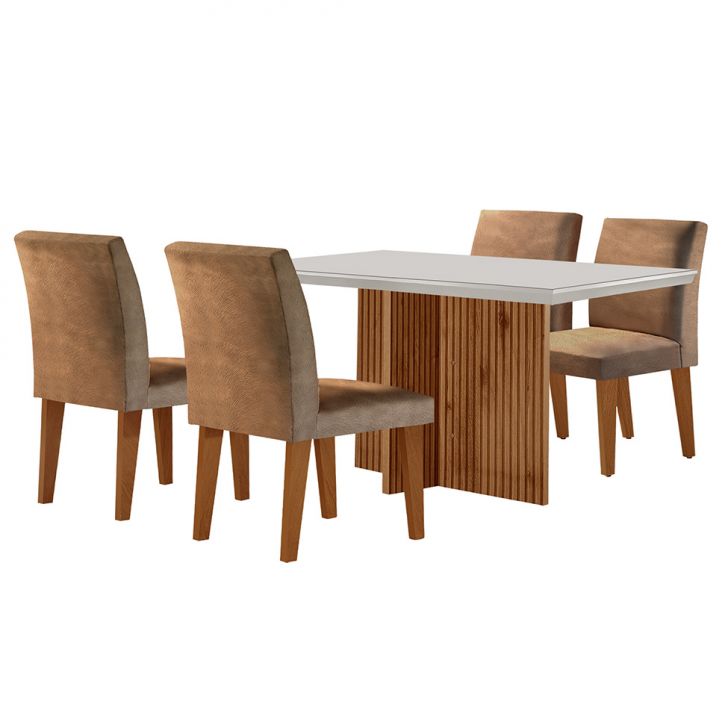 Conjunto De Mesa De Jantar Retangular Com Tampo De Vidro Off White Berlim E 4 Cadeiras Bélgica Suede Animalle Chocolate E Imbuia