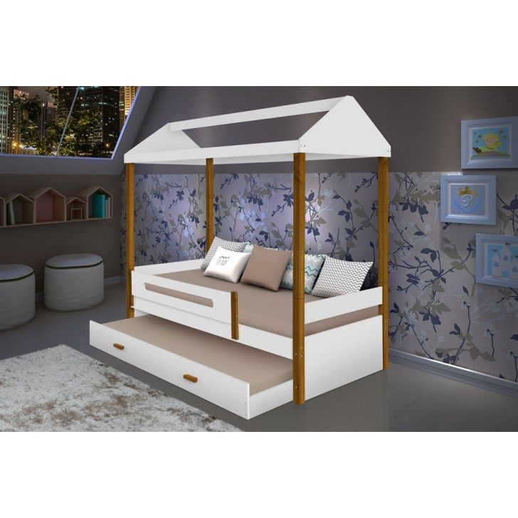 Cama Casa Sara Branca com Cama Auxiliar com 2 colchões