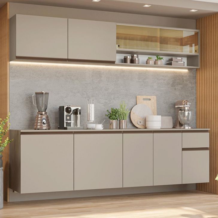 Armário de Cozinha Completa 240 cm Suspenso Crema Nice Madesa 05