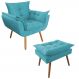 Combo Poltrona Decorativa Opalla Mais Puff Pés Palito Suede Azul Turquesa - DS Estofados