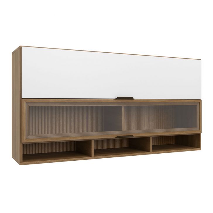 Armário Aéreo com Vidro Paris 2 Portas Nogal e Branco
