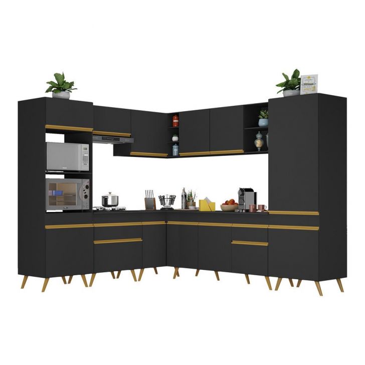Armário de Cozinha Completa de Canto Veneza Multimóveis V2046  Preto/Dourado