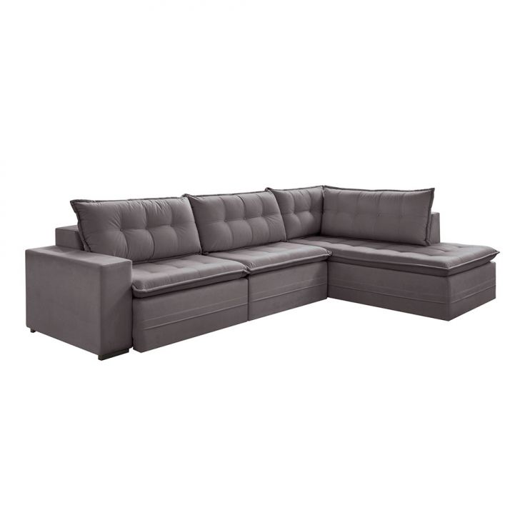 Image of Sofá 5 Lugares Presidente Com Chaise Direito Veludo Cinza 366 Cm PLA-ES745UP24LGTMOB