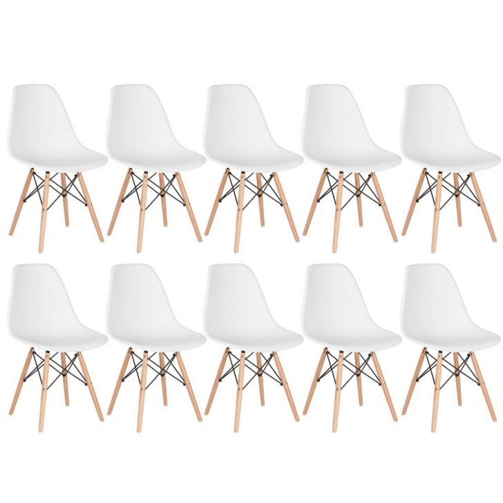 Kit 10 cadeiras Charles Eames Eiffel DSW com pés de madeira clara Branco