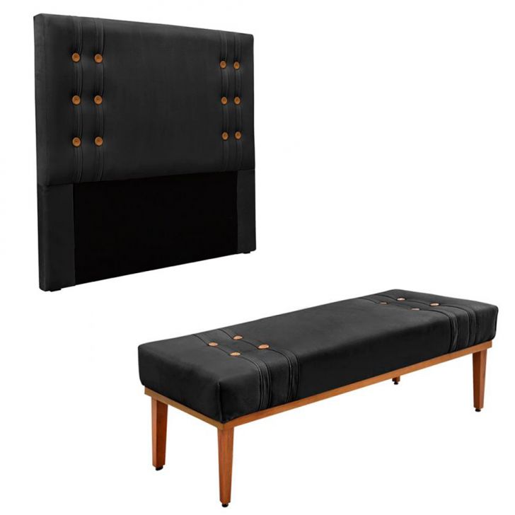 Conjunto de Cabeceira Queen com Recamier Gênova Veludo Preto