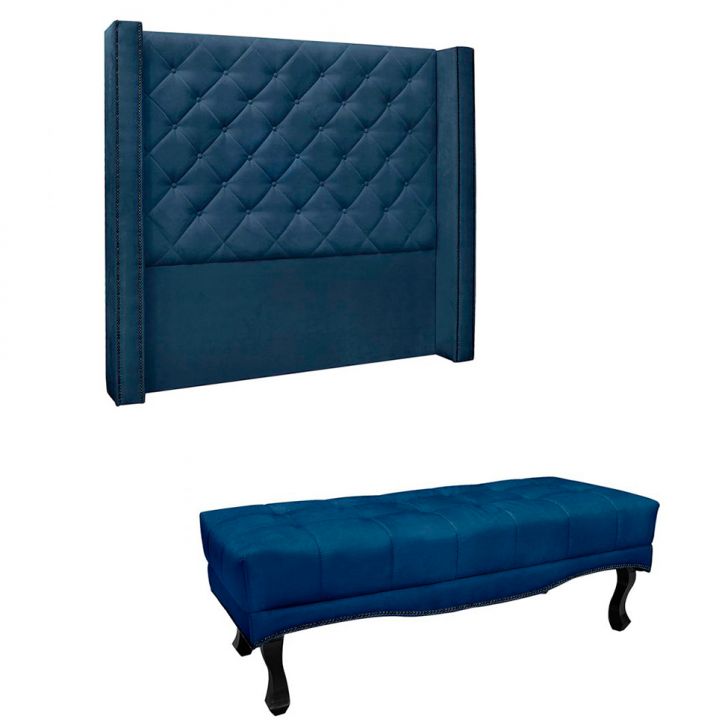 Conjunto de Cabeceira Queen com Recamier Vicenza Suede Azul