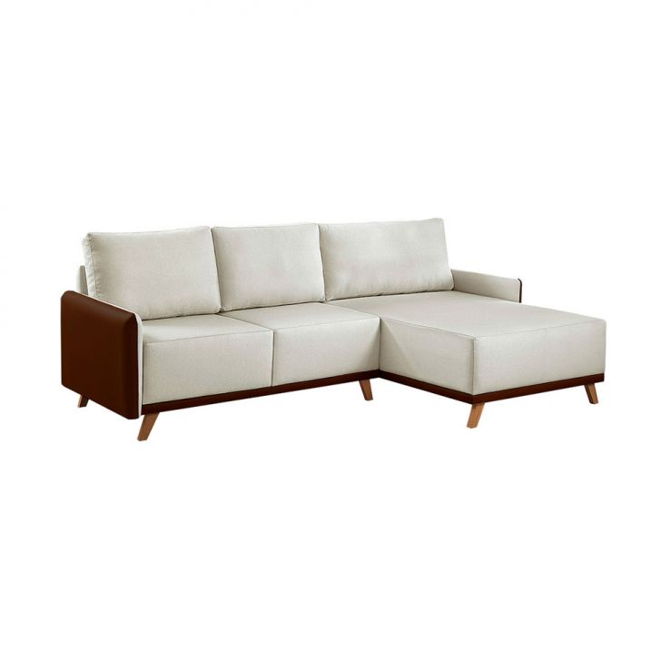 Sofá 5 Lugares Geribá Com Chaise Direito Linho Bege E Marrom