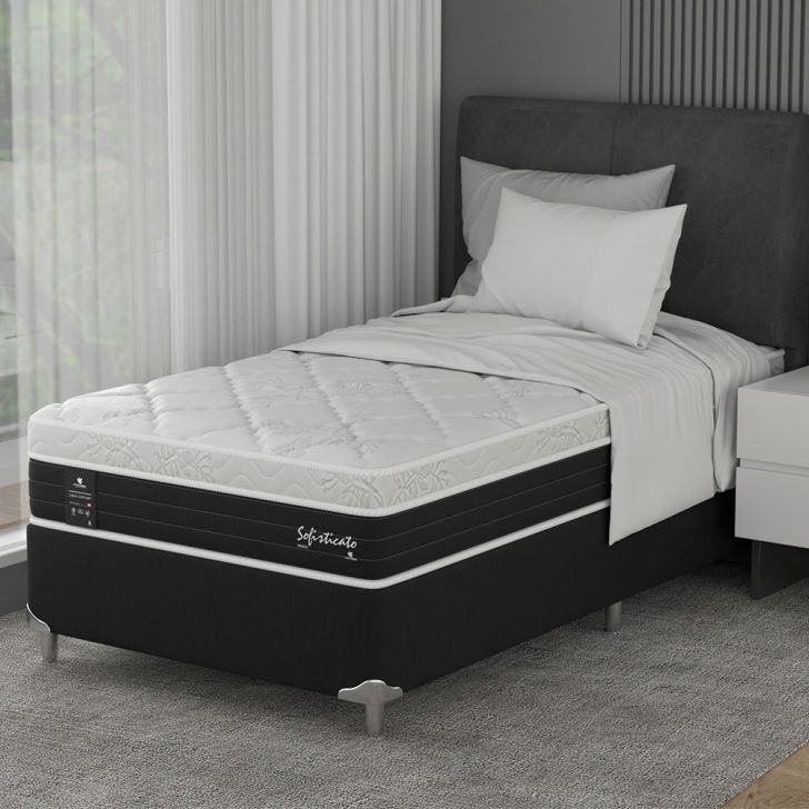 Cama Box Solteiro King Com Colchão Sofisticato (65x108x198) Grafite E Branco