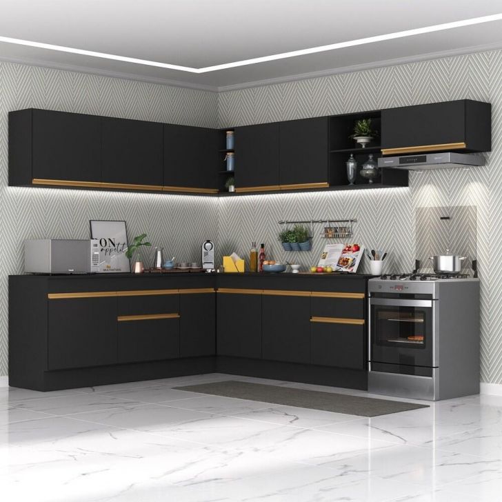 Cozinha Completa de Canto com Rodapé Veneza Multimóveis MP2103 com Armário e Balcão Preta