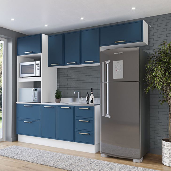 Cozinha Compacta sem Tampo com Rodapé Amara 8 portas 4 Gavetas Azul e Branca II