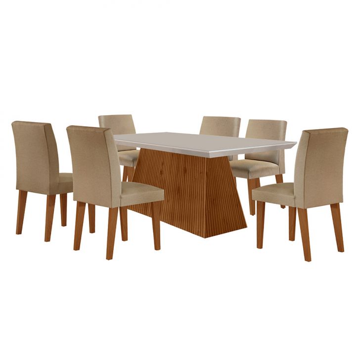 Conjunto De Mesa De Jantar Retangular Com Tampo De Vidro Off White Luna E 6 Cadeiras Grécia Linho Bege E Imbuia