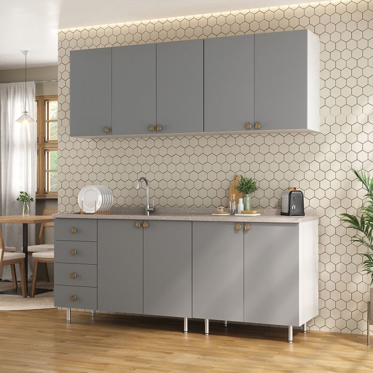 Cozinha Compacta Maranello 100% MDF 9 Portas 4 Gavetas Cinza